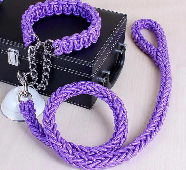 Double Strand Rope Dog Leash & Collar Set | Metal P-Chain Buckle, National Color Design for Large Dogs – 1.2m Length