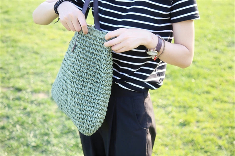Women Handbag Summer Beach Bag Rattan Woven Handmade Knitted Straw Large Capacity Totes Leather Women Shoulder Bag Bohemia New