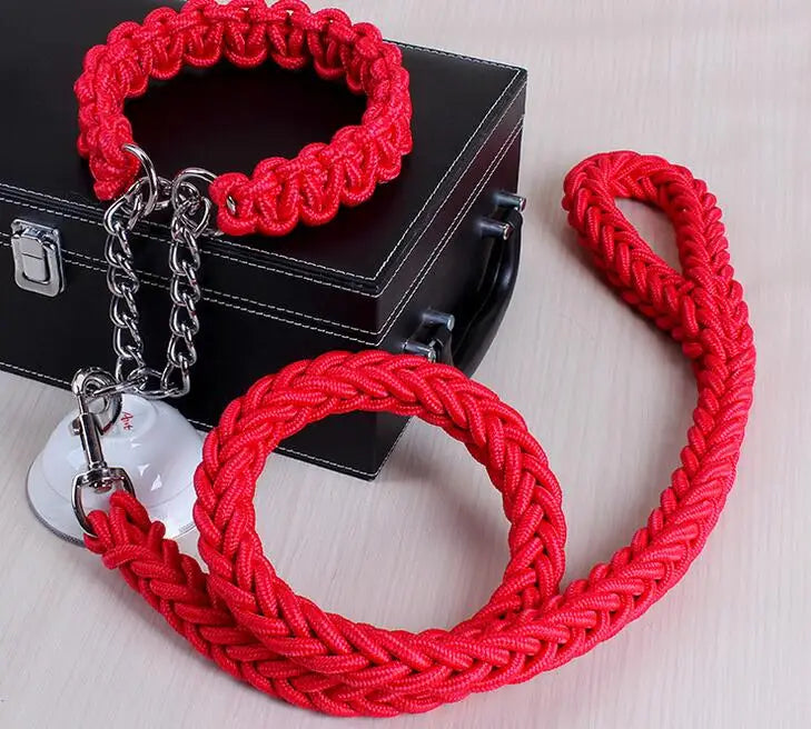 Double Strand Rope Dog Leash & Collar Set | Metal P-Chain Buckle, National Color Design for Large Dogs – 1.2m Length