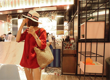 Women Handbag Summer Beach Bag Rattan Woven Handmade Knitted Straw Large Capacity Totes Leather Women Shoulder Bag Bohemia New