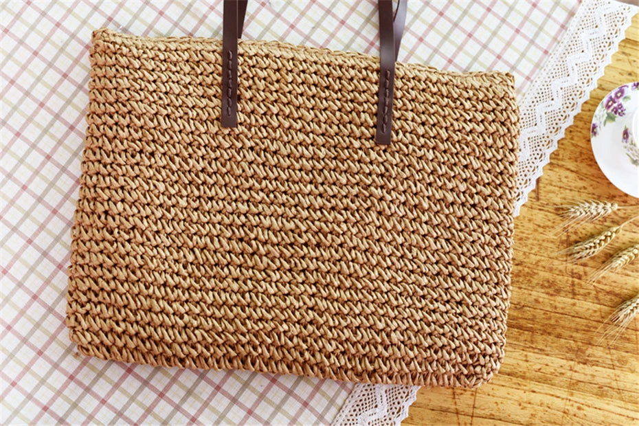 Women Handbag Summer Beach Bag Rattan Woven Handmade Knitted Straw Large Capacity Totes Leather Women Shoulder Bag Bohemia New