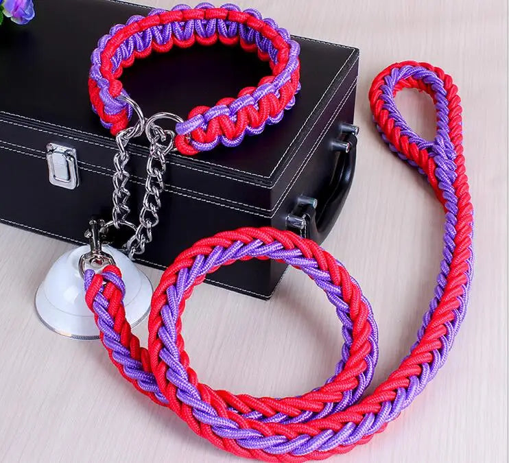 Double Strand Rope Dog Leash & Collar Set | Metal P-Chain Buckle, National Color Design for Large Dogs – 1.2m Length