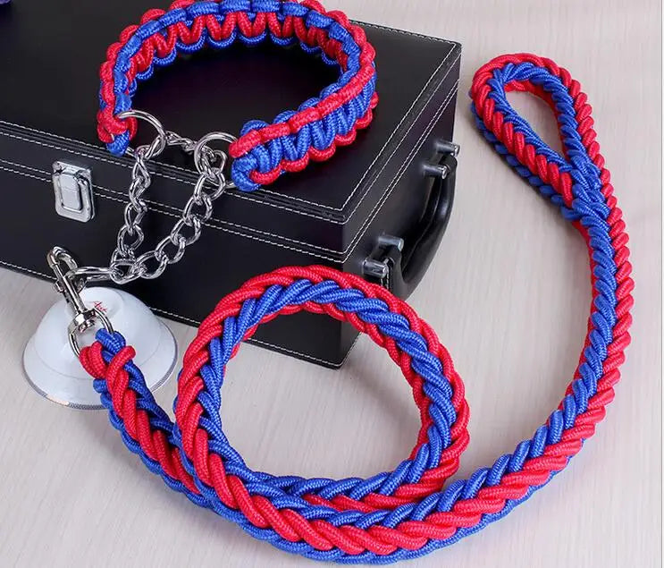 Double Strand Rope Dog Leash & Collar Set | Metal P-Chain Buckle, National Color Design for Large Dogs – 1.2m Length