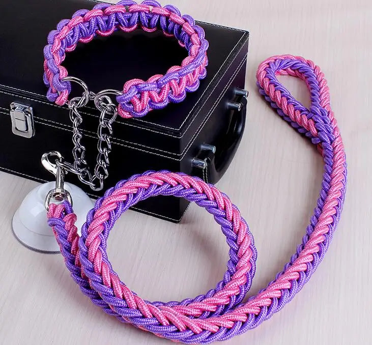 Double Strand Rope Dog Leash & Collar Set | Metal P-Chain Buckle, National Color Design for Large Dogs – 1.2m Length