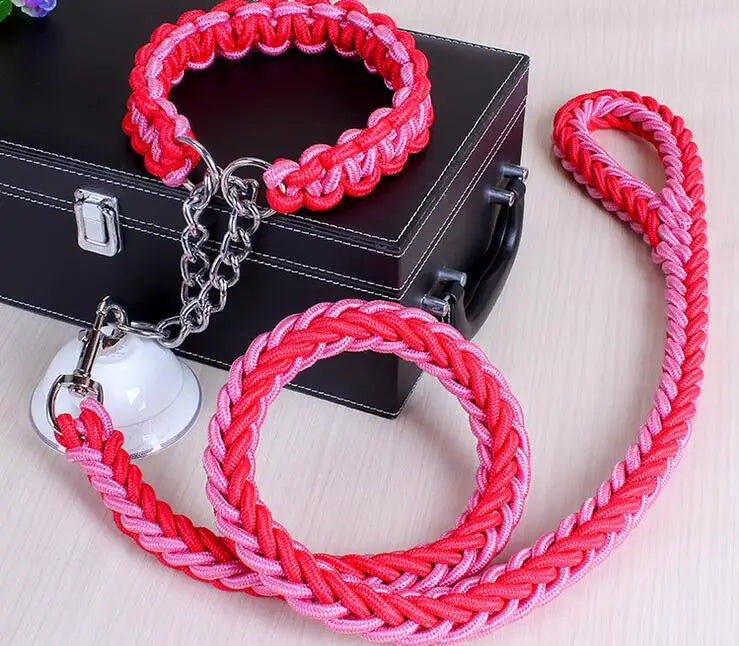 Double Strand Rope Dog Leash & Collar Set | Metal P-Chain Buckle, National Color Design for Large Dogs – 1.2m Length