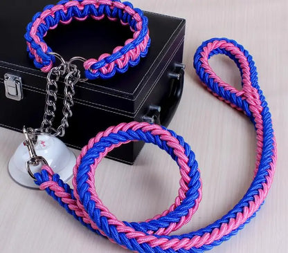 Double Strand Rope Dog Leash & Collar Set | Metal P-Chain Buckle, National Color Design for Large Dogs – 1.2m Length