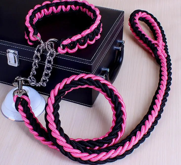 Double Strand Rope Dog Leash & Collar Set | Metal P-Chain Buckle, National Color Design for Large Dogs – 1.2m Length