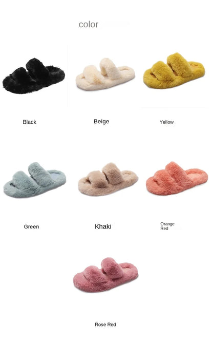 Women's 2021 Autumn/Winter New Flat Bottom One Word Warm Outerwear with Double Hairy Slippers for Foreign Trade