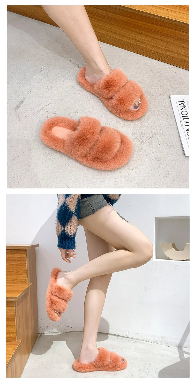 Women's 2021 Autumn/Winter New Flat Bottom One Word Warm Outerwear with Double Hairy Slippers for Foreign Trade