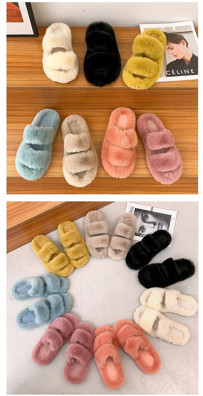 Women's 2021 Autumn/Winter New Flat Bottom One Word Warm Outerwear with Double Hairy Slippers for Foreign Trade