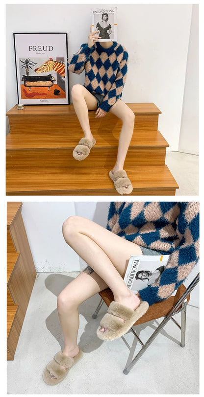 Women's 2021 Autumn/Winter New Flat Bottom One Word Warm Outerwear with Double Hairy Slippers for Foreign Trade