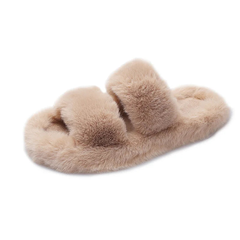 Women's 2021 Autumn/Winter New Flat Bottom One Word Warm Outerwear with Double Hairy Slippers for Foreign Trade
