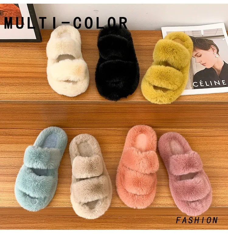 Women's 2021 Autumn/Winter New Flat Bottom One Word Warm Outerwear with Double Hairy Slippers for Foreign Trade
