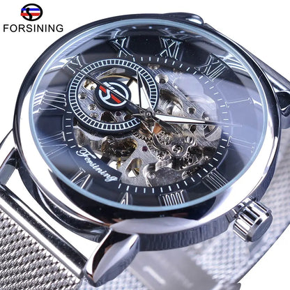 Fashion Forsining Top Brand Retro Design Skeleton Sport Mechanical Watch Luminous Hands Transparent Mesh Bracelet For Men Luxury