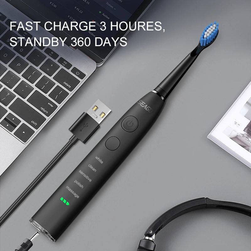 Seago SG-575 Sonic Electric Toothbrush | USB Rechargeable Toothbrush with 360-Day Battery Life, 4 Brush Heads & Travel Box