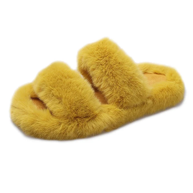 Women's 2021 Autumn/Winter New Flat Bottom One Word Warm Outerwear with Double Hairy Slippers for Foreign Trade