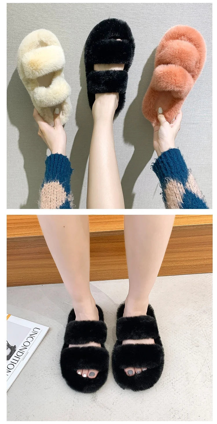 Women's 2021 Autumn/Winter New Flat Bottom One Word Warm Outerwear with Double Hairy Slippers for Foreign Trade