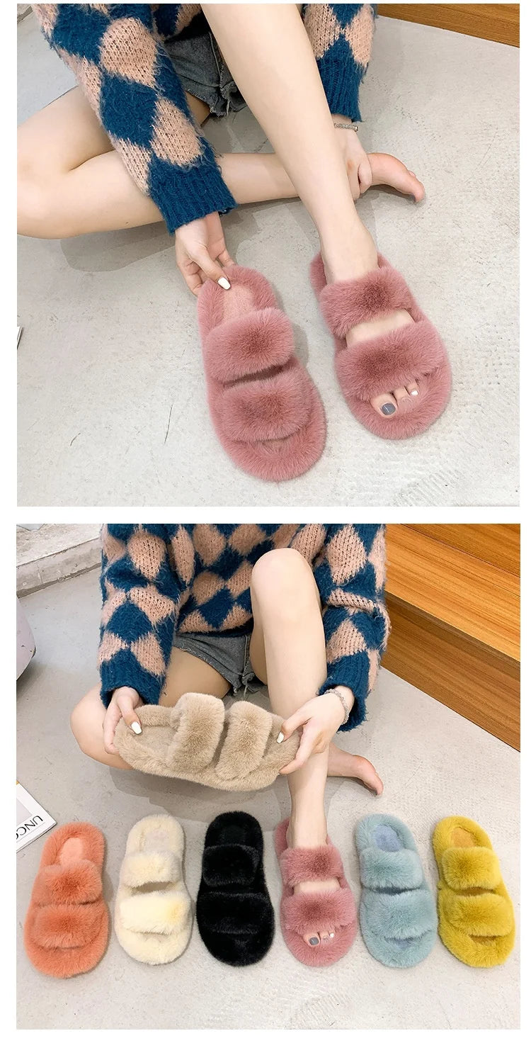 Women's 2021 Autumn/Winter New Flat Bottom One Word Warm Outerwear with Double Hairy Slippers for Foreign Trade