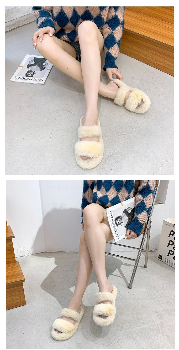 Women's 2021 Autumn/Winter New Flat Bottom One Word Warm Outerwear with Double Hairy Slippers for Foreign Trade