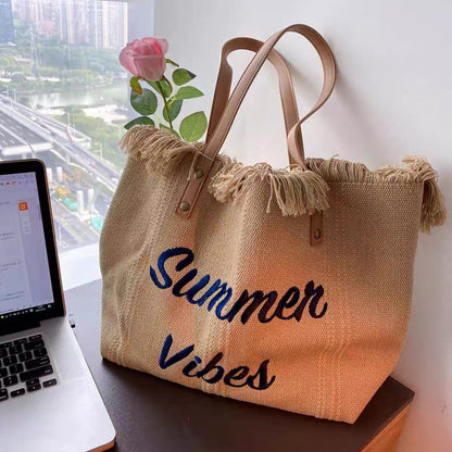 Handbag Woman Bag Design Simple Niche Travel  Beach Tote Bag Tassel Letter Embroidery Fashion Large Capacity Shoulder Bags 2022