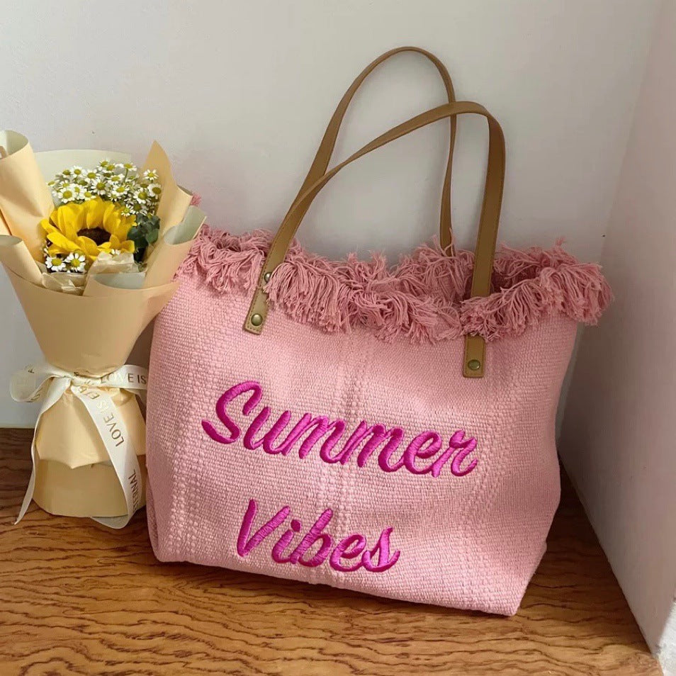 Handbag Woman Bag Design Simple Niche Travel  Beach Tote Bag Tassel Letter Embroidery Fashion Large Capacity Shoulder Bags 2022