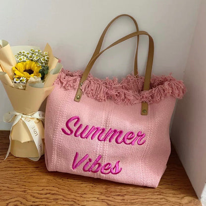 Handbag Woman Bag Design Simple Niche Travel  Beach Tote Bag Tassel Letter Embroidery Fashion Large Capacity Shoulder Bags 2022