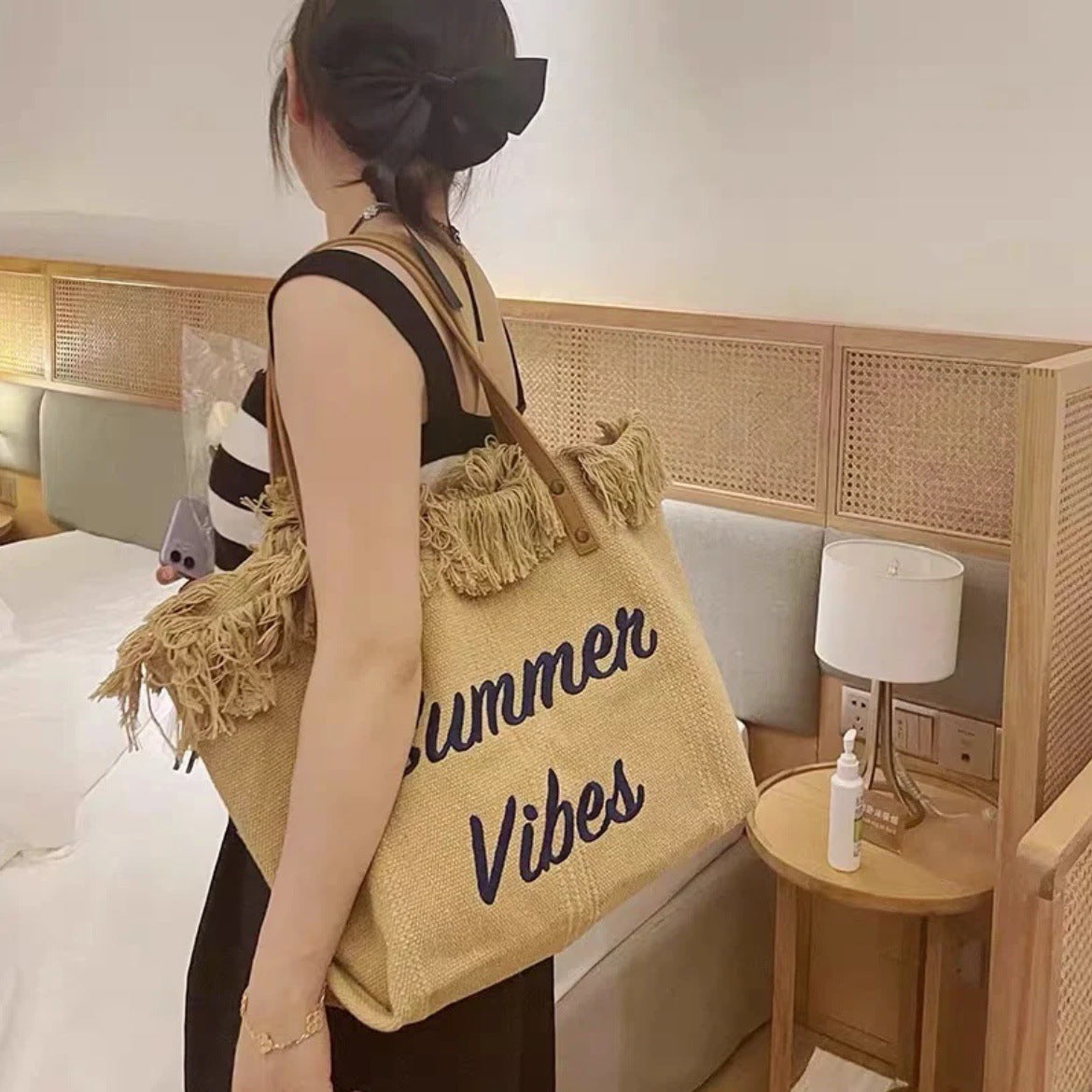 Handbag Woman Bag Design Simple Niche Travel  Beach Tote Bag Tassel Letter Embroidery Fashion Large Capacity Shoulder Bags 2022