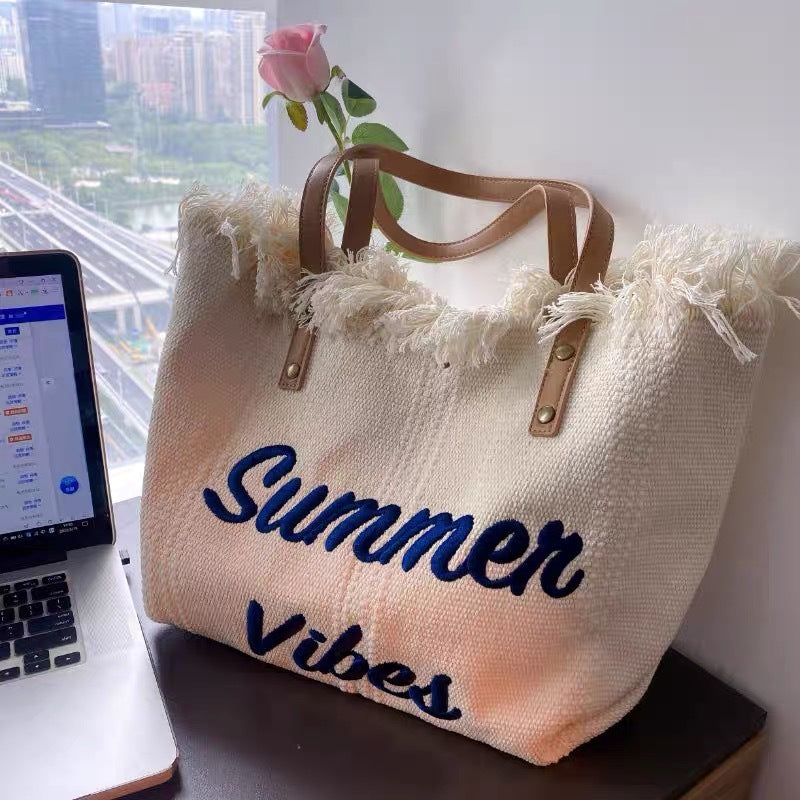 Handbag Woman Bag Design Simple Niche Travel  Beach Tote Bag Tassel Letter Embroidery Fashion Large Capacity Shoulder Bags 2022