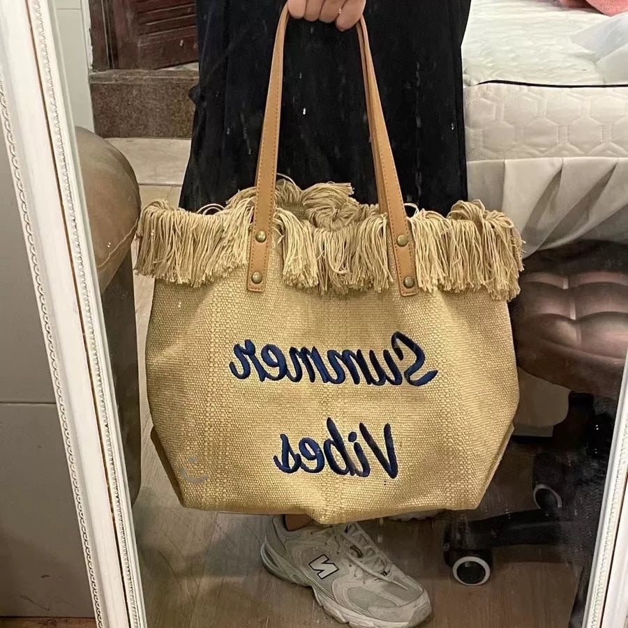 Handbag Woman Bag Design Simple Niche Travel  Beach Tote Bag Tassel Letter Embroidery Fashion Large Capacity Shoulder Bags 2022