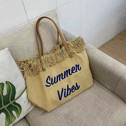 Handbag Woman Bag Design Simple Niche Travel  Beach Tote Bag Tassel Letter Embroidery Fashion Large Capacity Shoulder Bags 2022