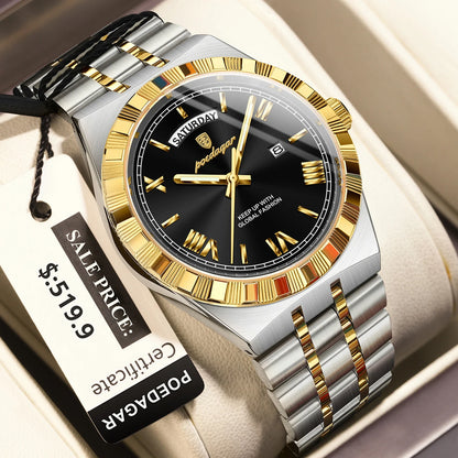 POEDAGAR Luxury Business Man Watch Week Date Waterproof Luminous Watches For Men Stainless Steel Quartz Men's Fashion Wristwatch
