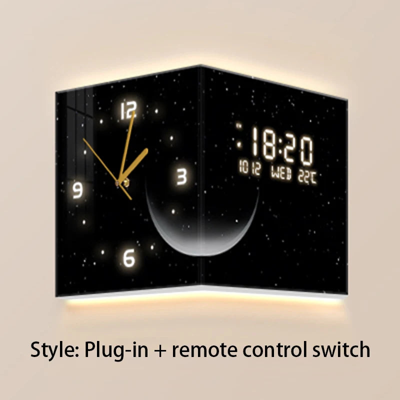 Modern Luxury Luminous Corner Wall Clock | Silent Digital Calendar Clock for Living Room & Bedroom Home Decor