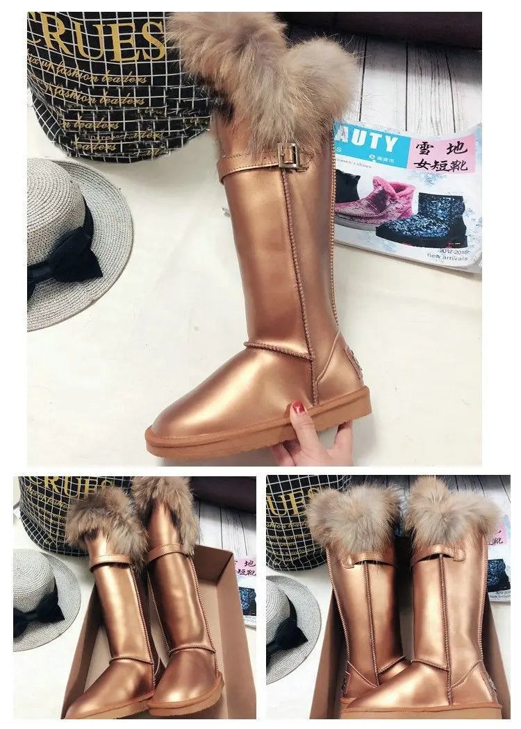 Winter Natural Fox Fur Long Boots Winter Fur Black Genuine Leather Snow Boots Knee- High Boots Waterproof Flat Raccoon Fur Boot