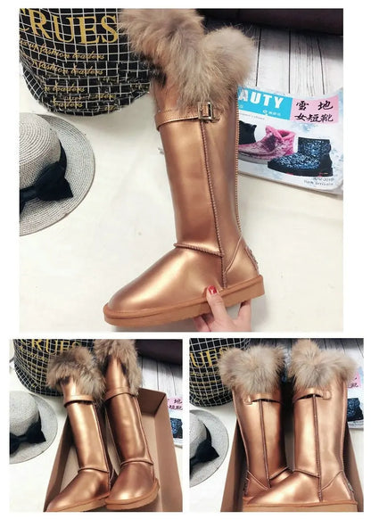Winter Natural Fox Fur Long Boots Winter Fur Black Genuine Leather Snow Boots Knee- High Boots Waterproof Flat Raccoon Fur Boot