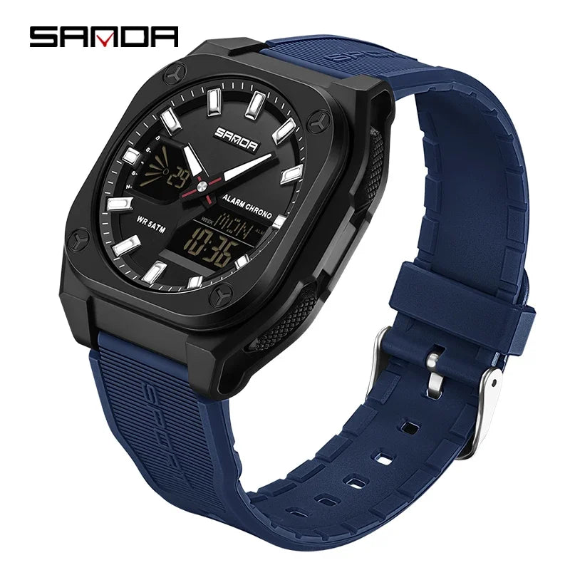 SANDA Quartz Watches for Men's Luxury Military Sport Chronograph Waterproof LED Dual Display Electronic Man Watches Reloj Hombre