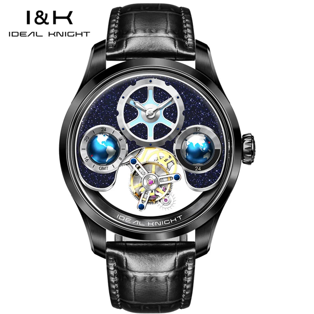 IDEAL KNIGHT 6808 Man Watch Blue Earth Dial Hollow Mechanical Watches For Men Waterproof Tourbillon Men's Automatic Wristwatches