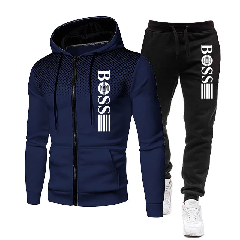 2025 New Men's zippered hoodie + Casual Pants Set for Autumn and Winter fashion Fitness and Warm sportswear Two-piece set