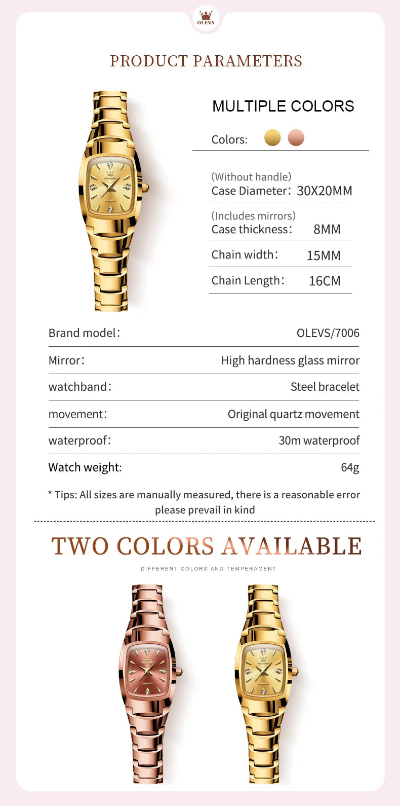 OLEVS 7006 Certified Brand Elegant Luxurious Women's Watches waterproof Tungsten Steel strip Quartz Watch for Lady Tonneau Watch