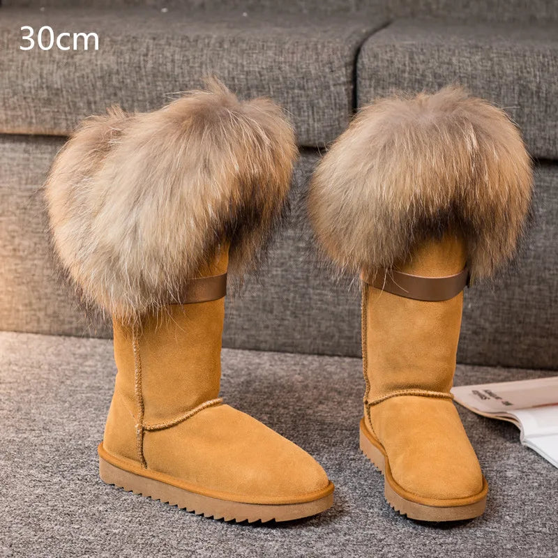 Winter Natural Fox Fur Long Boots Winter Fur Black Genuine Leather Snow Boots Knee- High Boots Waterproof Flat Raccoon Fur Boot