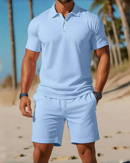 2025Men's business Casual beach sports Two-piece set, Drawstring elastic waist sports shorts set, button access control lapeltop