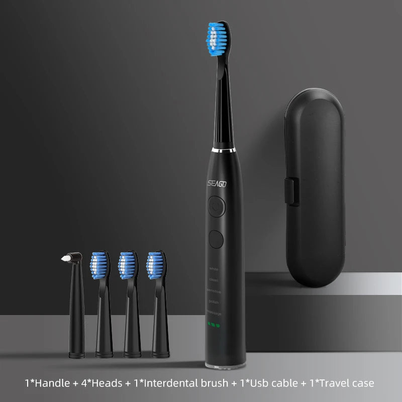 Seago SG-575 Sonic Electric Toothbrush | USB Rechargeable Toothbrush with 360-Day Battery Life, 4 Brush Heads & Travel Box