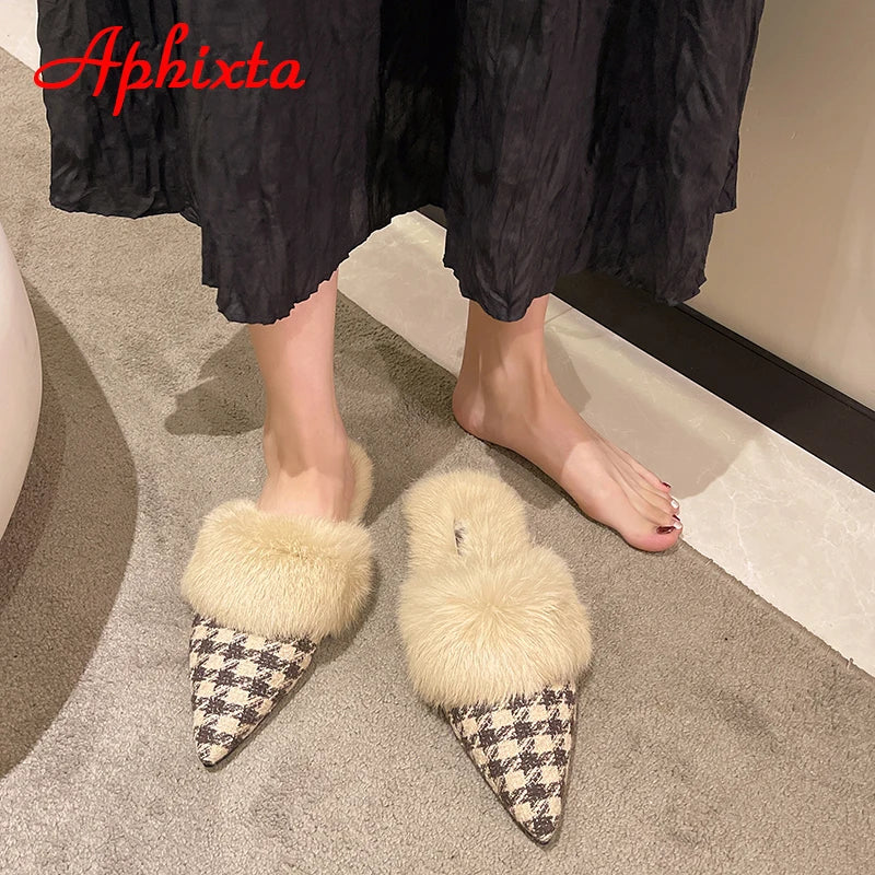 Aphixta New Warm Winter Real Rabbit Fur Plush Women Slippers Birds Furry Plaid Shoes Pointed Toe Flat Heel Hair Slides