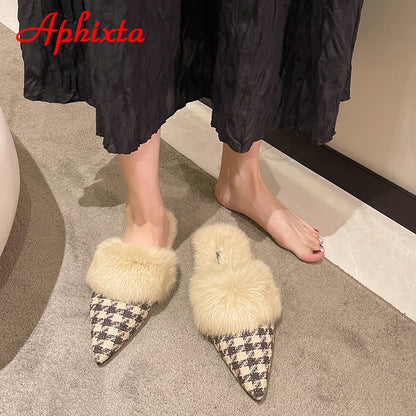 Aphixta New Warm Winter Real Rabbit Fur Plush Women Slippers Birds Furry Plaid Shoes Pointed Toe Flat Heel Hair Slides