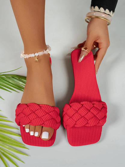 Square-toe Basket-Woven Sandals, Flat Home Slippers