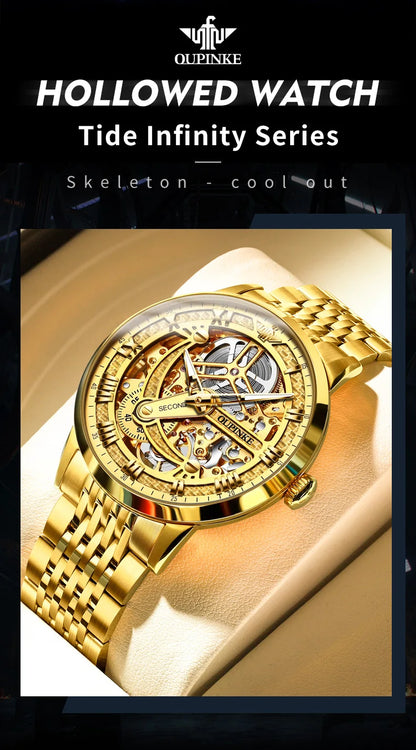 OUPINKE 3173 Men's Full Gold Watch Fully hollow out Waterproof top-level luxury automatic mechanical watch