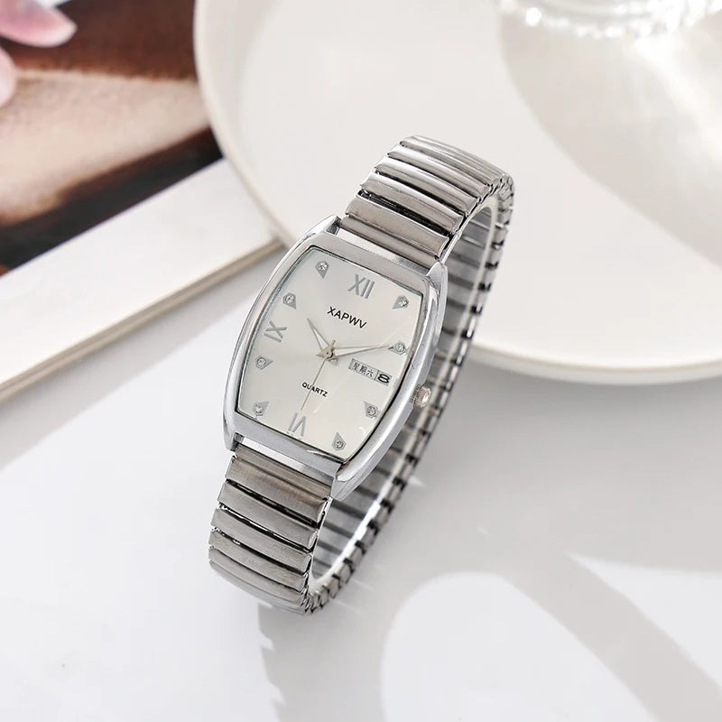 Barrel-Shaped Diamond-Encrusted Dual Calendar Week Men's Watch Week Fashion Casual Business Quartz Couple Watch One Man and One Woman