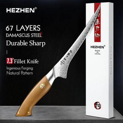 HEZHEN 7.3 Inch Fillet Knife 10Cr15CoMoV Steel Core Damascus Steel Kitchen Knife Cooking Cutlery Kitchen Tools Filleting Knife