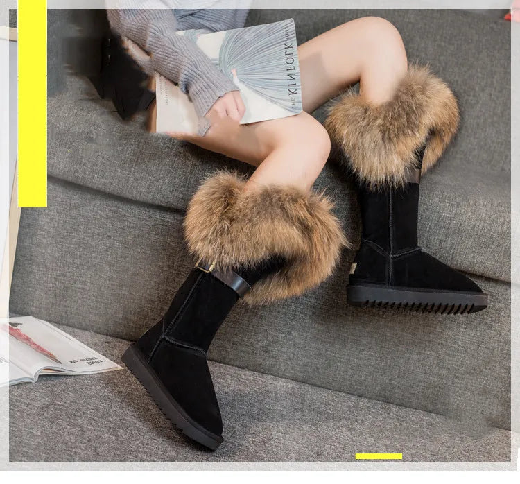 Winter Natural Fox Fur Long Boots Winter Fur Black Genuine Leather Snow Boots Knee- High Boots Waterproof Flat Raccoon Fur Boot