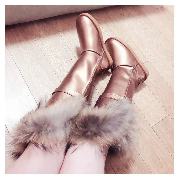 Winter Natural Fox Fur Long Boots Winter Fur Black Genuine Leather Snow Boots Knee- High Boots Waterproof Flat Raccoon Fur Boot