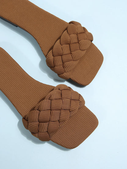 Square-toe Basket-Woven Sandals, Flat Home Slippers
